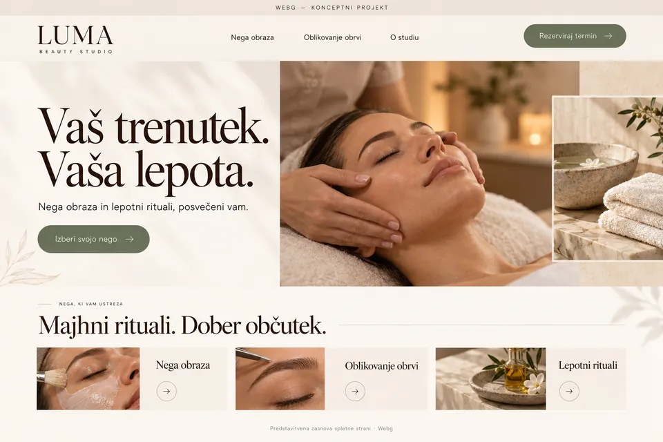 Koncept spletne strani za lepotni salon LUMA s predstavitvijo nege obraza in rezervacije termina.